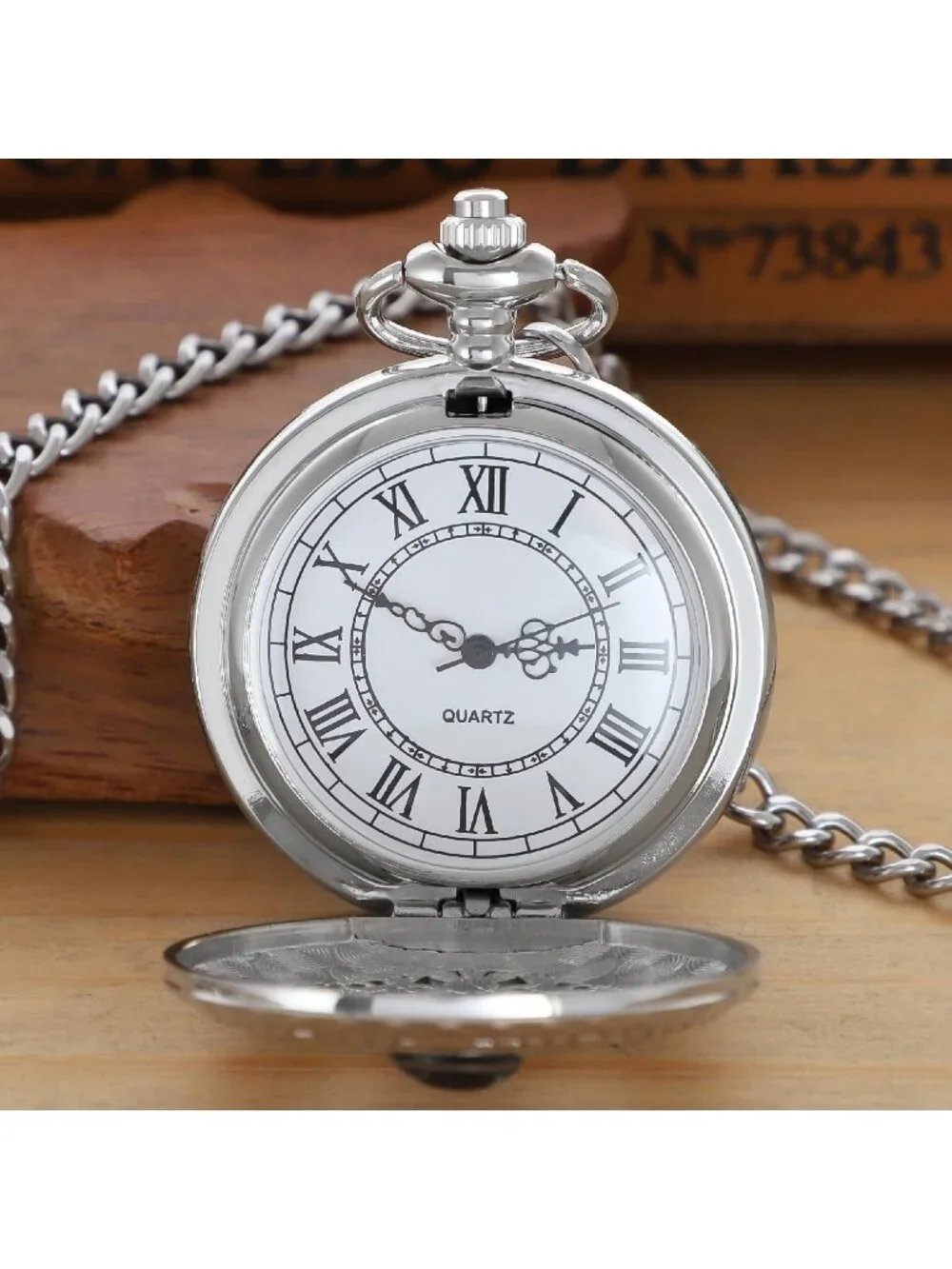 Men's Silver Analog Quartz Arabic Numeral Moon Phase Chain Dial Pocket Watch